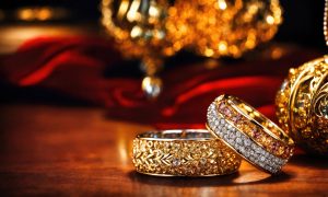 jewelry diamond ring on wooden table with bokeh background. ai generative.